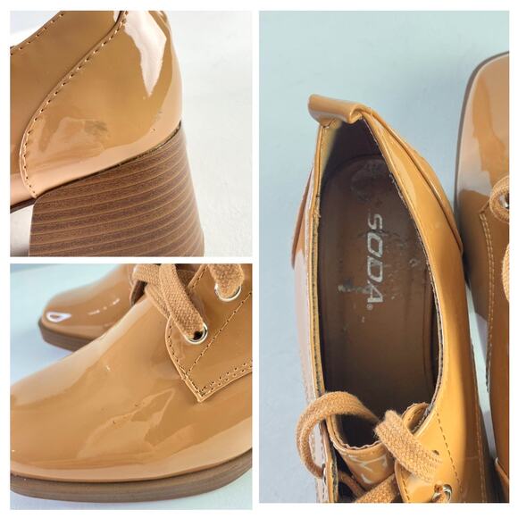 Soda Beige Square Toe Patent Leather Block Heel Lace Up Glossy Loafers Sz 10 - Picture 11 of 11
